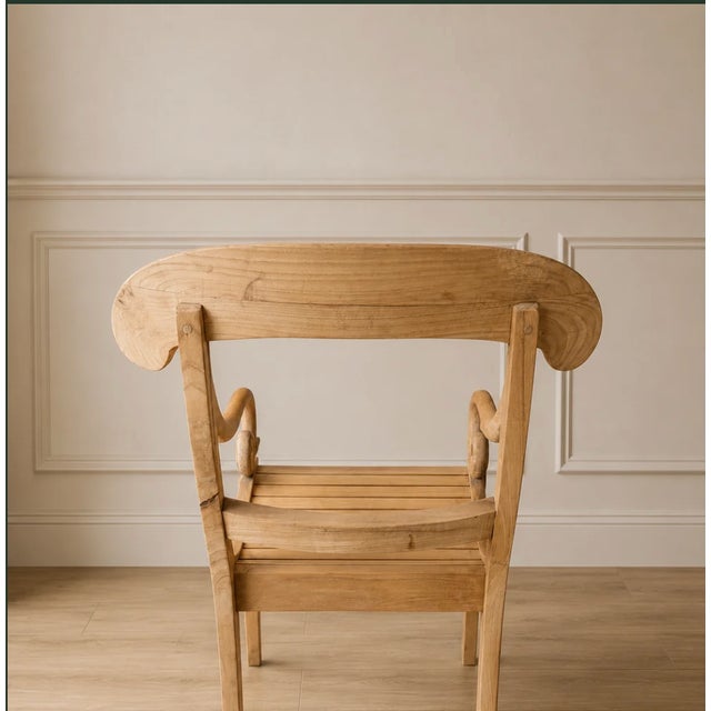 American Vintage Scroll Arm Slatted Light Wood Armchair For Sale - Image 3 of 3