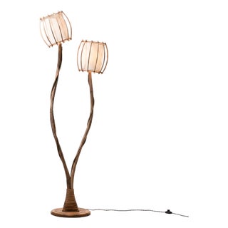 Rattan Floor Lamp Calyx - Handcrafted Natural Pencil Reed Tall Standing Lamp For Sale