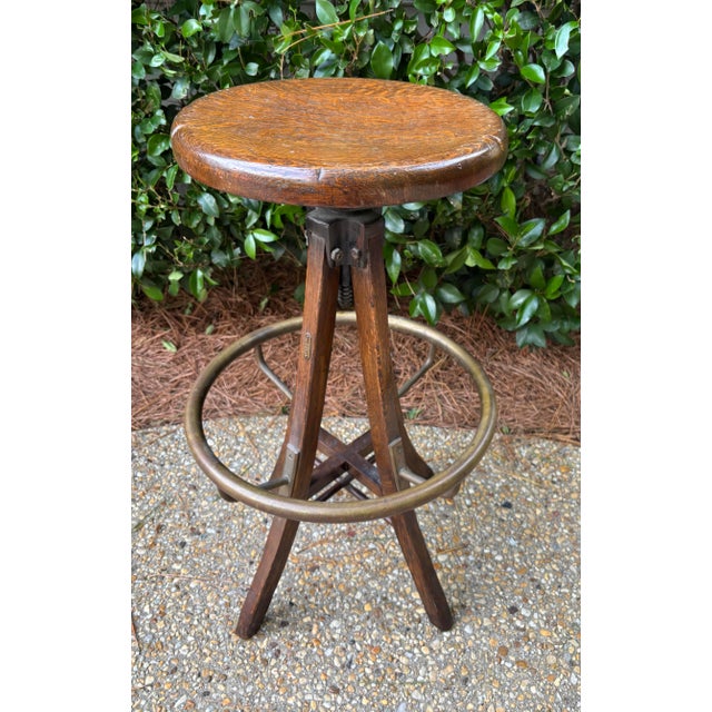 Early 20th Century Early Twentieth Century Heavy Solid Wood and Brass Swivel Industrial Drafting Stool For Sale - Image 6 of 9
