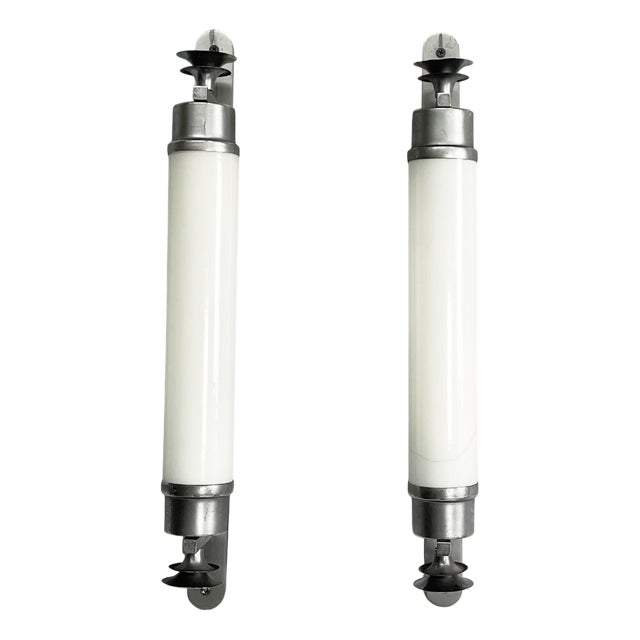 Italian Art Deco Cylindrical Wall Lamps in Opaline Glass and Metal, 1930s, Set of 2 For Sale