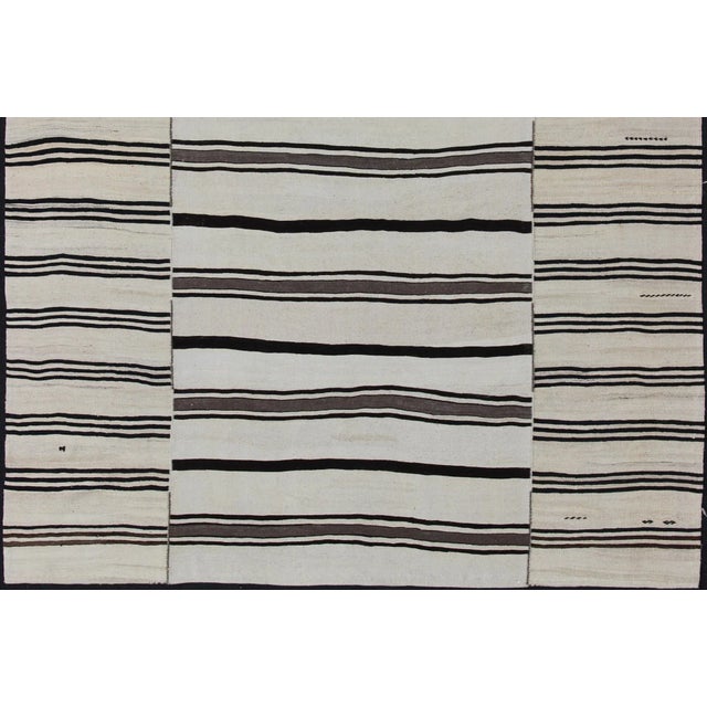 Modern Large Vintage Turkish Kilim Rug With Vertical Stripes in Cream and Brown For Sale - Image 3 of 11