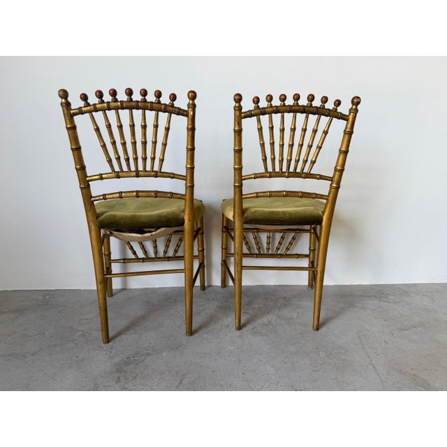 Antique Italian Faux Bamboo Gilt Wood Accent Chairs With Green Velvet Upholstery – A Pair Description: For Sale In Miami - Image 6 of 12