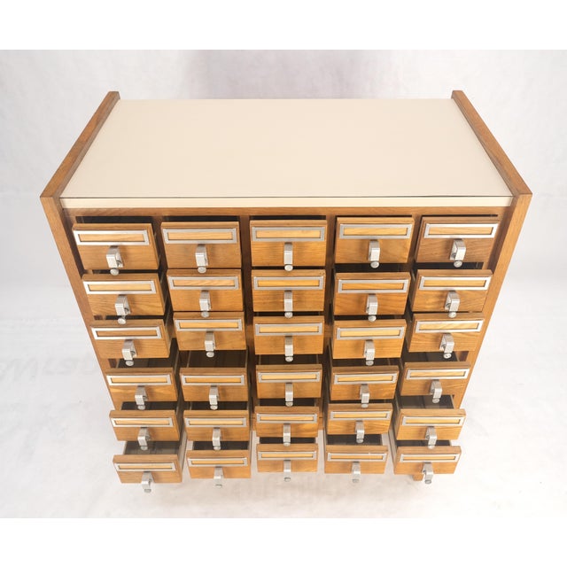 1960s Oak Aluminum Apothecary 30 Drawers Apothecary Cabinet on Solid Legs Formica Top For Sale - Image 5 of 6