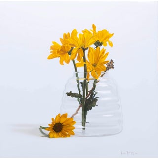 Blooming Days II by Karina Rodríguez | Oil on panel Still life of yellow flowers in a glass vase For Sale