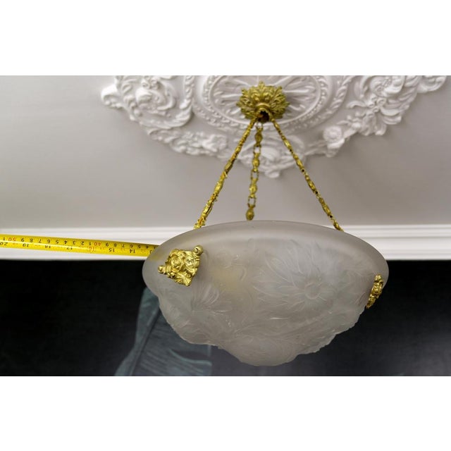French Art Deco White Frosted Glass and Bronze Pendant Light with Floral Motifs, 1930s For Sale - Image 16 of 18