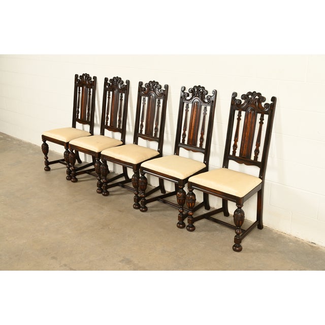 Berkey & Gay Berkey & Gay Antique English Jacobean Carved Walnut Dining Chairs, Set of Five For Sale - Image 4 of 13