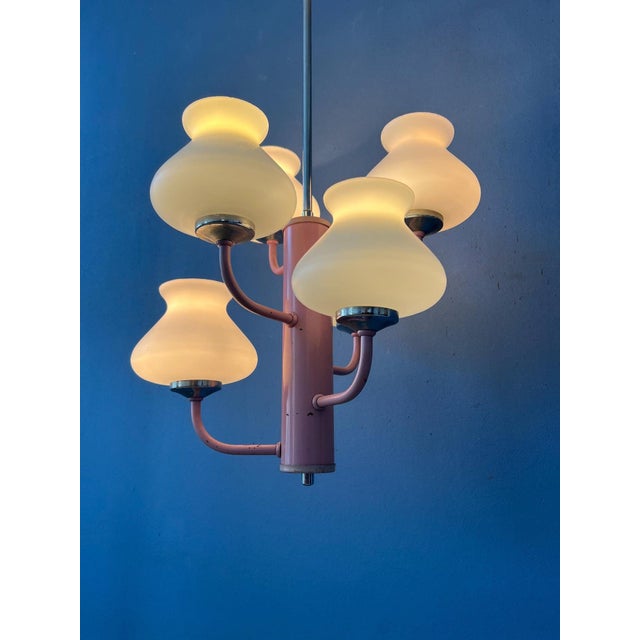 Mid-Century White Opaline Glass Chandelier with Pink Frame For Sale - Image 5 of 13