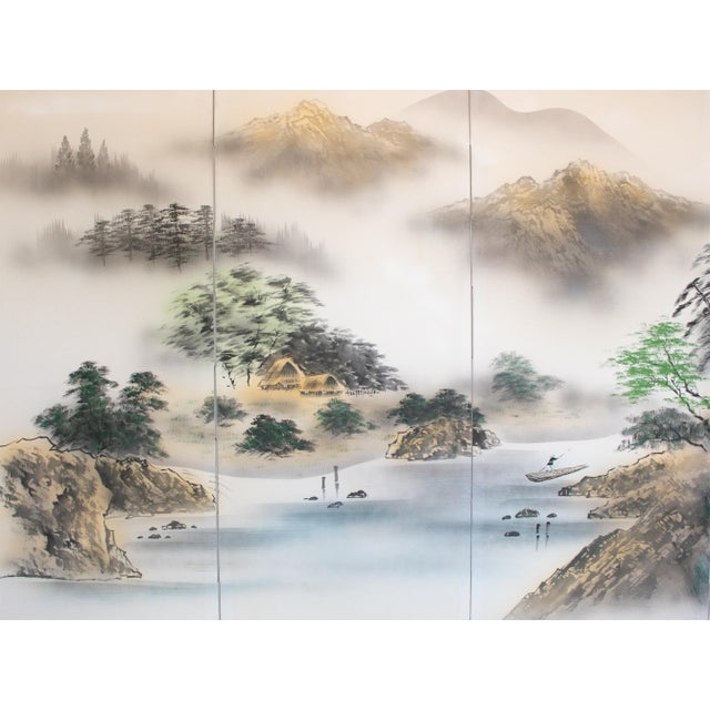 1960s Large Showa Era Japanese Byobu Screen "Mountain Landscape With River" For Sale - Image 5 of 18