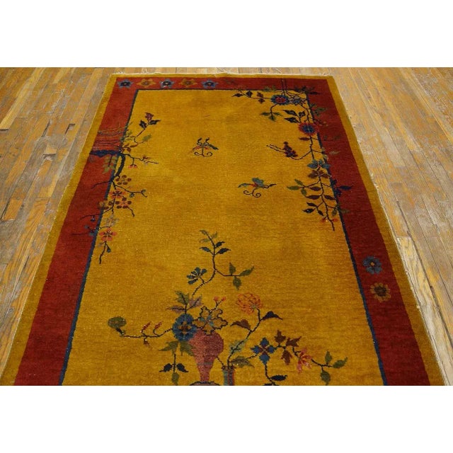1920s Goldenrod Vase Floral Antique Chinese Art Deco Carpet 4' X 6'10" Handknotted Wool Rug For Sale - Image 9 of 12