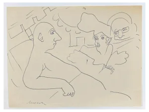 Mino Maccari, Lovers in the Bed, Ink Drawing, 1960s