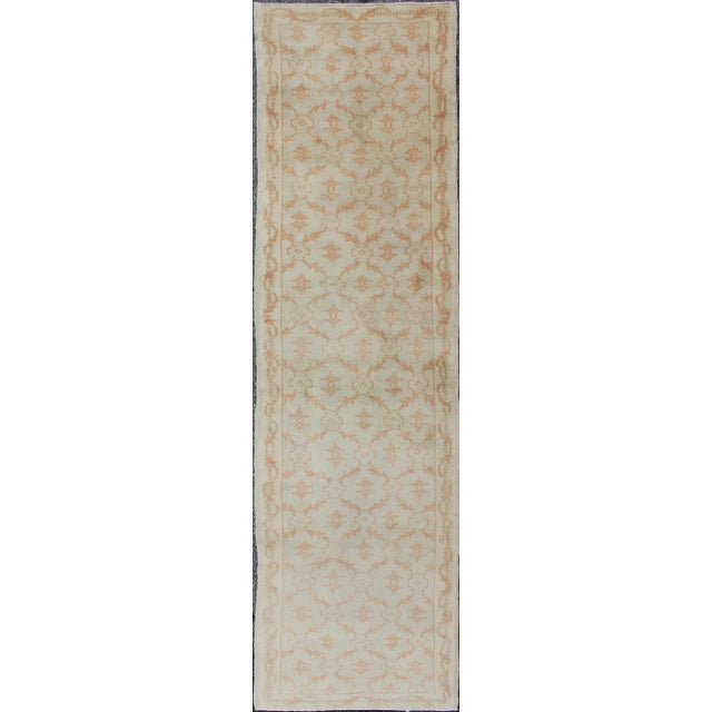 Apricot Latticework Vintage Turkish Oushak Runner in Light Cream and Coral 2'10 X 11'3 For Sale - Image 8 of 8