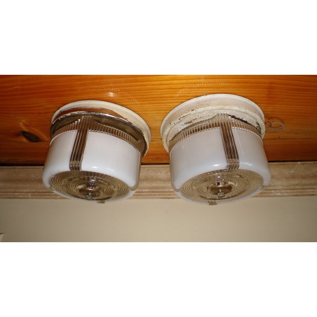 Vintage Art Deco Round Ceiling Light Fixture Milk & Clear Glass Shade For Sale - Image 4 of 18