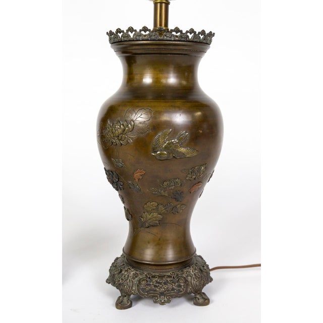 Japanese Late 19th Century Meiji Japanese Cast Bronze Relief Chrysanthemum & Birds Lamps - a Pair For Sale - Image 3 of 13