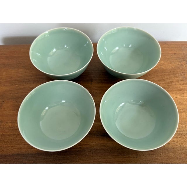 Chinese Vintage Chinese Celadon Rice Bowls With Lotus and Carp Motif - Set of 4 For Sale - Image 3 of 8