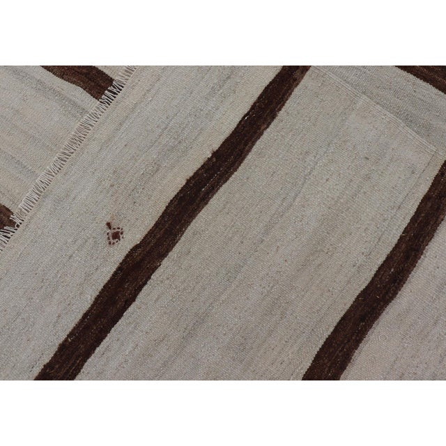 Vintage Turkish Kilim Rug Ivory Field With Brown Vertical Stripes Wool For Sale - Image 11 of 11