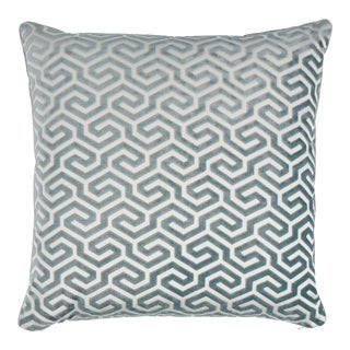 Schumacher Ming Fret Velvet 18" Pillow in Mineral & White For Sale