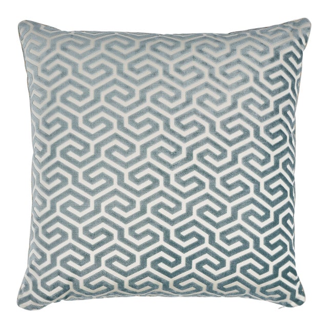 Schumacher Ming Fret Velvet 18" Pillow in Mineral & White For Sale