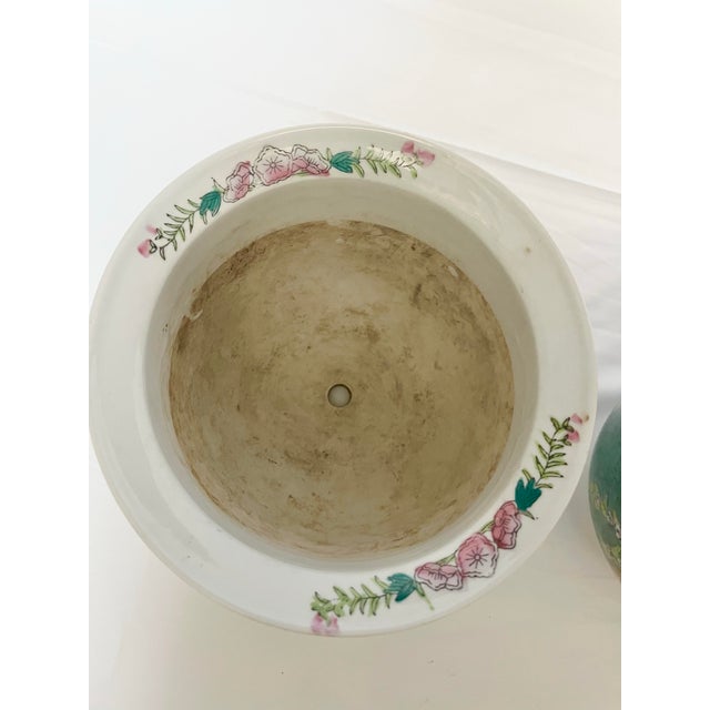 Vintage Chinoiserie Floral Cachepot Pair – Hand-Painted Porcelain For Sale - Image 9 of 10