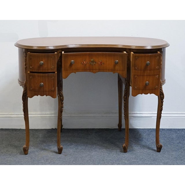Early 20th Century Vintage Antique Solid Walnut Louis XV French Provincial 42" Kidney Vanity Table W. Hand Painted Floral Accents For Sale - Image 5 of 13