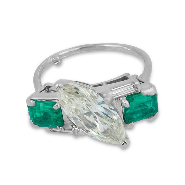 1950s Mid Century Gia 1.98 Marquise Cut Diamond Emerald Platinum Ring, Size 4 For Sale - Image 4 of 7