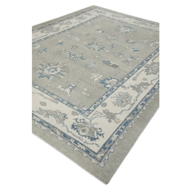 Early 21st Century Early 21st Century Gray & Blue Floral Design Handwoven Wool Turkish Oushak Rug 9'1" X 12' For Sale - Image 5 of 8