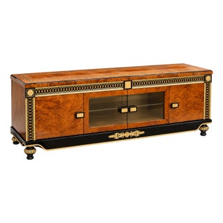 Luxury Walnut Burl & Gold Solid Wood Media Credenza / Floor Cabinet For Sale