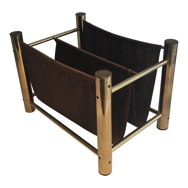Circa 1970 French Gilt Metal and Fabric Magazine Rack For Sale
