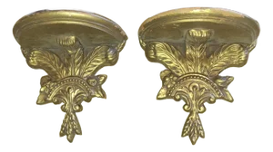 1920's French Art Deco Gold Wood/ Gesso Acanthus/ Feather Form Wall Brackets a - Pair
