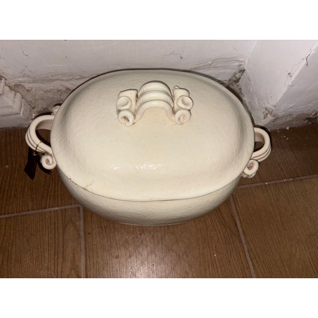 French rustic cream colored ceramic soup tureen featuring ornate handles and a crackle finish, Arno antique ceramics 40cm...