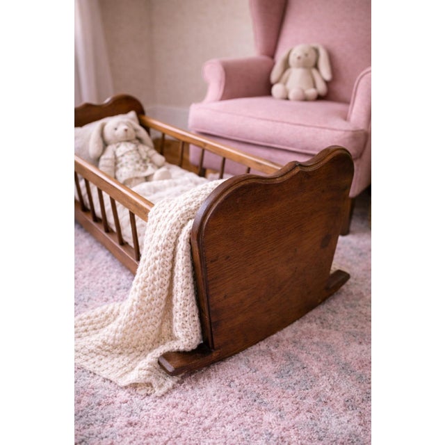 Chestnut Antique Wooden Doll Bed— Spindle-Side Rocking Bed in Old Chapel Walnut Finish, Decorative Nursery Display Piece For Sale - Image 8 of 8