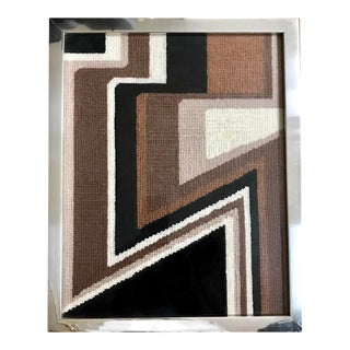 Vintage 1970s Brown Black Needlepoint Wall Hanging / Mid Century Modern Abstract Framed Textile Wall Art Tapestry For Sale