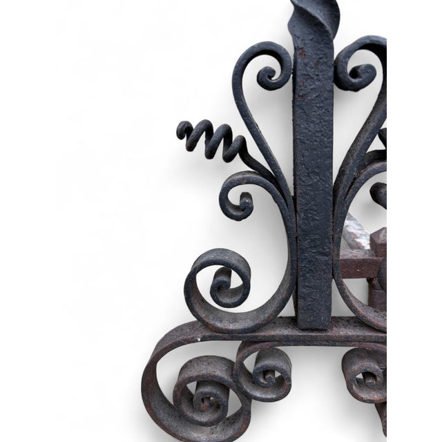 Metal Late 19th Century Arts & Crafts Wrought Iron Pair Andirons Basket Top, Scrollwork, Spiral and Twisted Accents For Sale - Image 7 of 18