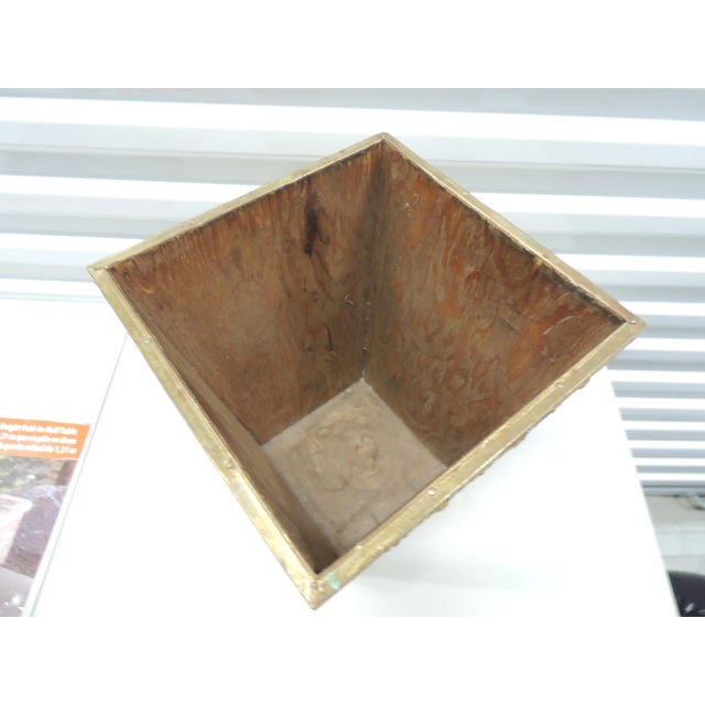 Vintage Brass Victorian Repousse Wastepaper Basket. Maritime boats in the front. Wood frame. Size: 9.75"W x 9.75"DS x 11.25"H