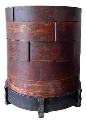 Antique Chinese Round Table, Lacquer Multilayered Bao Container
