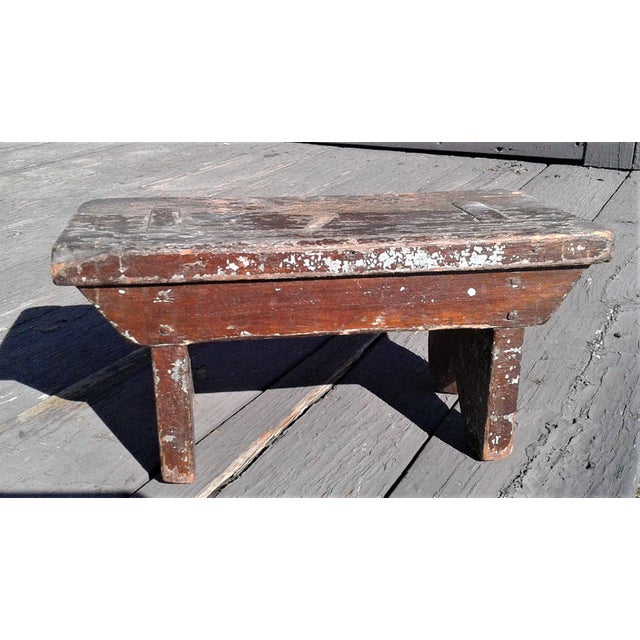 Folk Art Antique Primitive Childs Mortised Bench or Stool 1850s Folk Art For Sale - Image 3 of 11