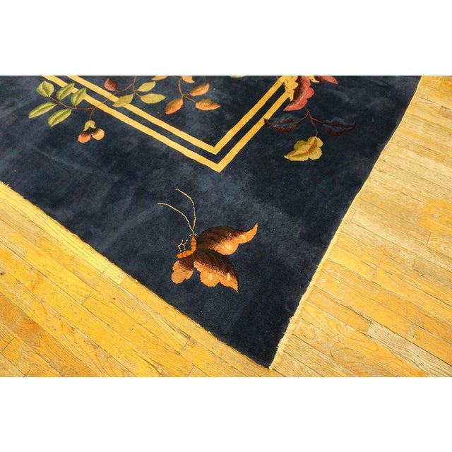 Beautiful Botanical Pattern With Navy Background Color Antique Chinese Art Deco Rug For Sale - Image 4 of 12