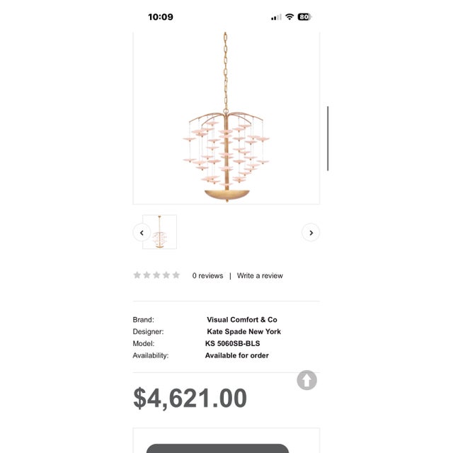 Visual Comfort Signature Collection by Kate Spade of New York. Exquisite, floral pale pink glass and soft brass chandelier.