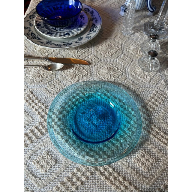 Set of 4 Hand Blown Aquamarine Salad or Dessert Plates French Glass Blower Made For Sale - Image 4 of 10