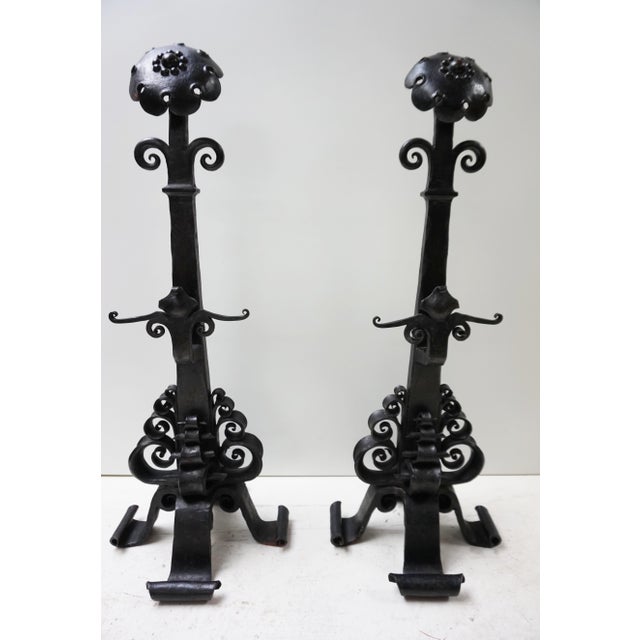 Amsterdamse School Dutch Art Deco Iron Andirons with Cross Bar, 1920s, Set of 3 For Sale - Image 4 of 15