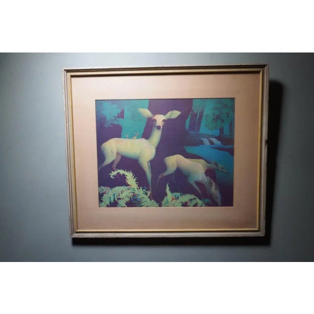 Beautiful and vibrant colored lithograph by Conrad Buff. Features a moody and deeply rich forest backdrop with a family of...