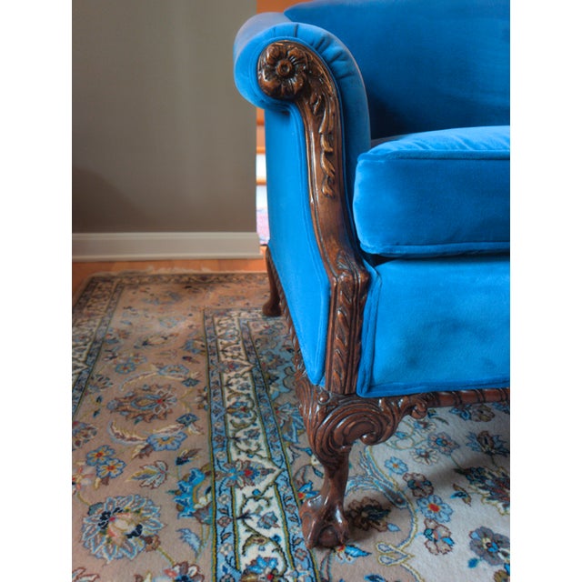 Restored Vintage Chippendale Style Camelback Sofa in Blue Velvet For Sale - Image 11 of 18