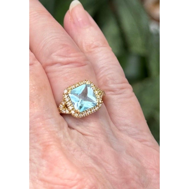 18k Gold Blue Topaz Diamond Ring Vintage For Sale - Image 9 of 10