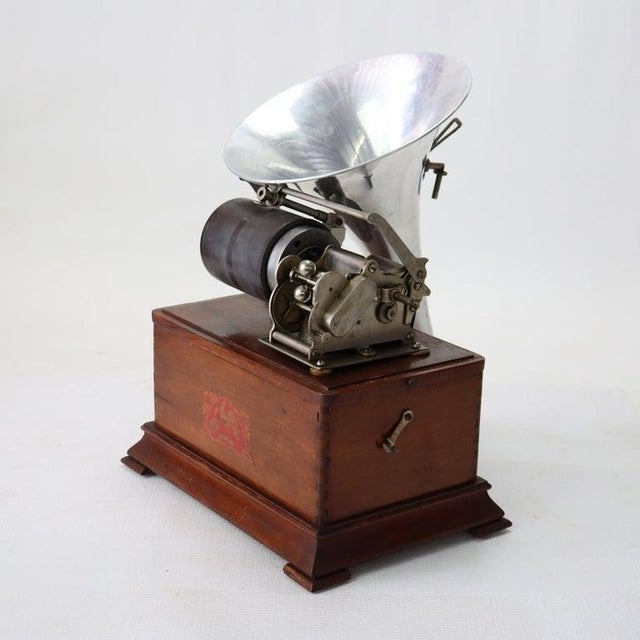 Antique French Pathé Frères Cylinder Phonograph With Aluminum Horn C1900 For Sale - Image 6 of 11