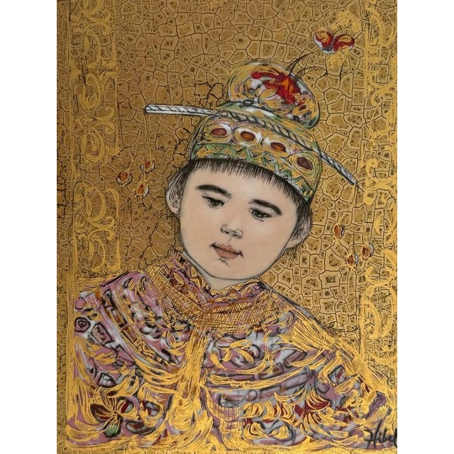 Modern Edna Hibel "Young Manchu" Signed Mixed Media Artwork. Paint Embellished Lithograph on Porcelain Plaque. Custom Frame For Sale - Image 3 of 13