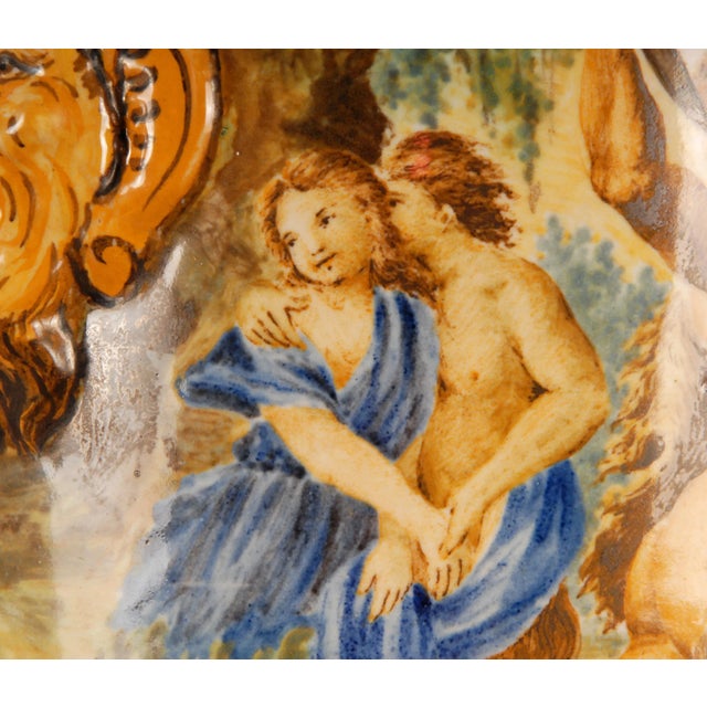 Tall Italian Majolica Serpentine Handles Vase with Separate Base Depicting Mythological Scene by Annibale Carracci,...