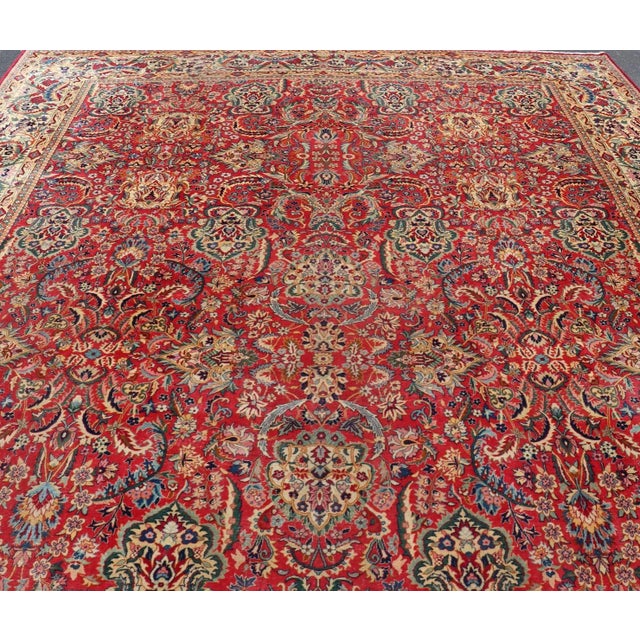 English Large Colorful Tabriz Rug in All-Over Floral Design in Red Background & Ivory For Sale - Image 3 of 12