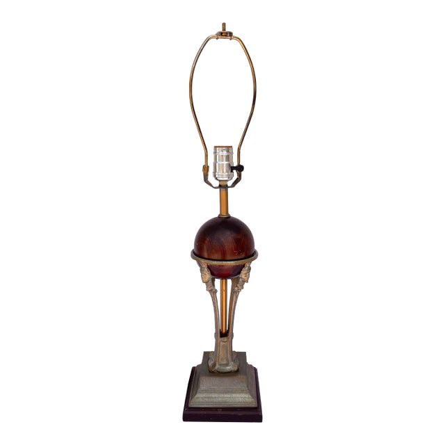 Vintage Roger Abbey Art Deco Wood Globe & Figural Table Lamp For Sale