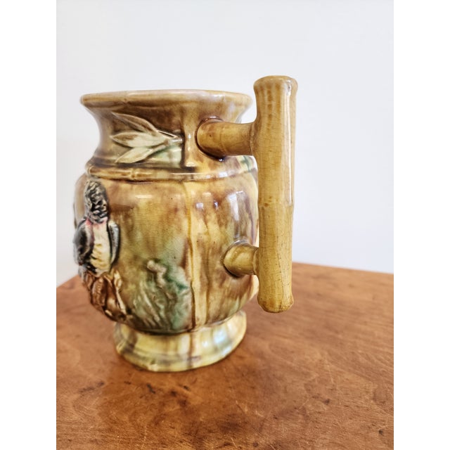 Thomas Forester 19th Century Majolica Jug With Birds and Bamboo Handle For Sale - Image 4 of 10