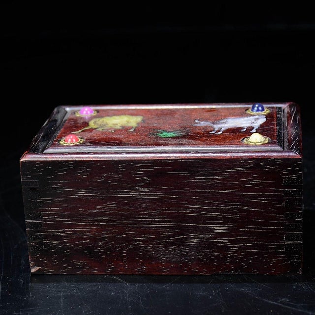 1990s Vintage Chinese Zitan Wood Box With Mother of Pearl & Gemstone Inlay - Twin Oxen Motif For Sale - Image 5 of 9