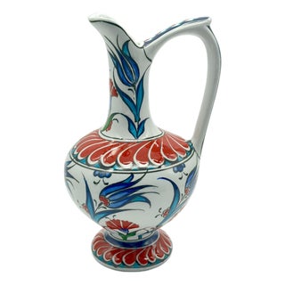 Handmade Ceramic Pitcher (20cm) – Red Petal Collar & Blue Tulips – Compact Lion’s Mouth Vase For Sale